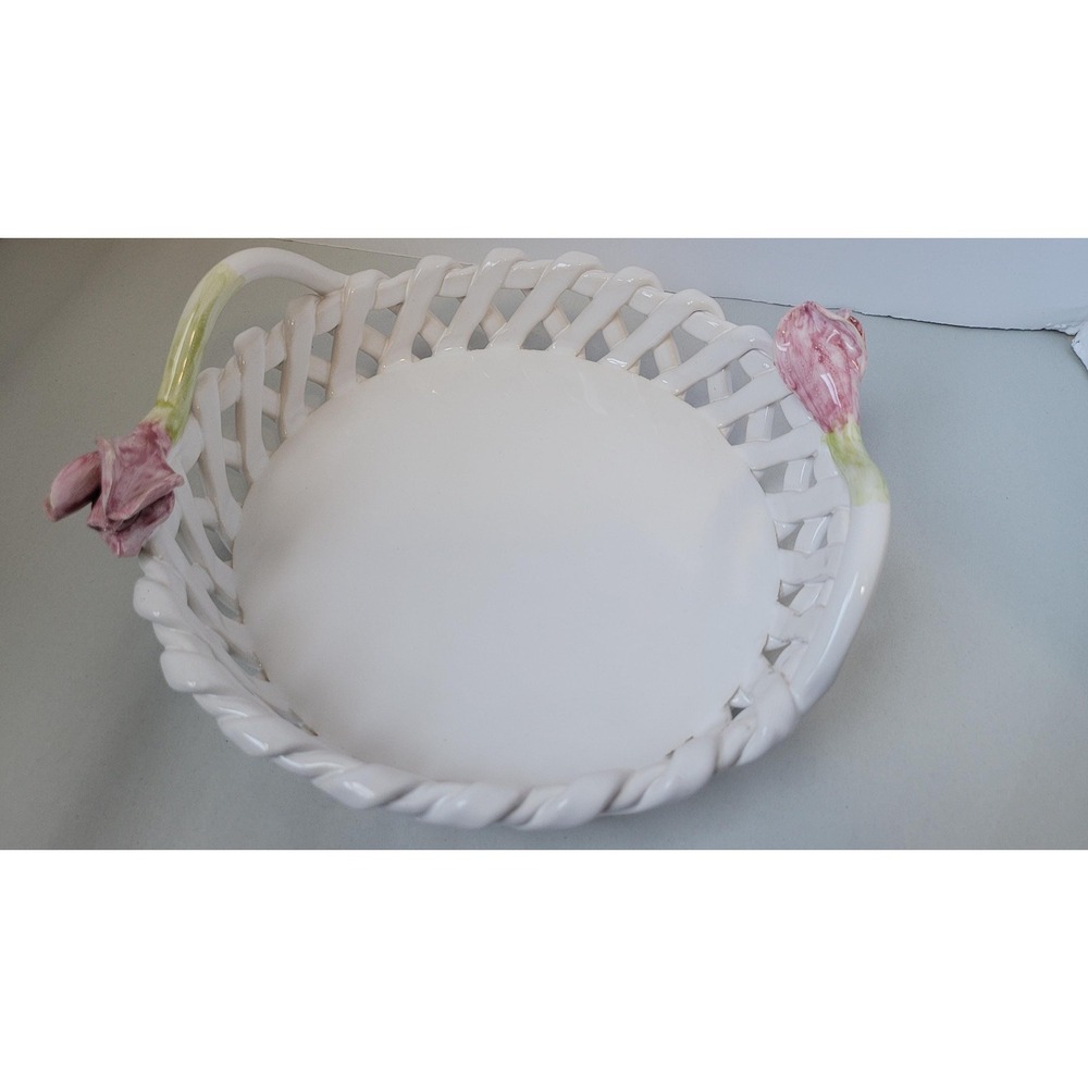 Vintage White Ceramic Lattice Rim Serving Tray With Tulip‎ Handles